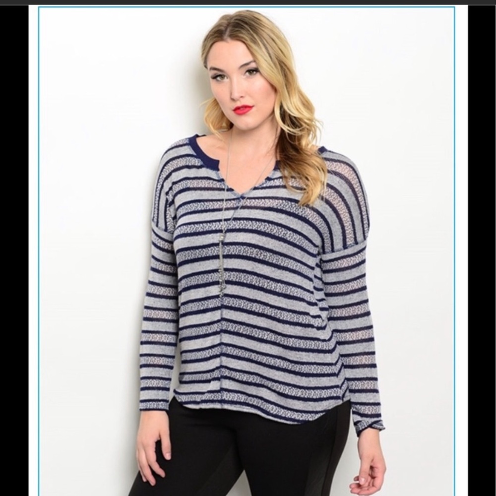 Blue Striped V Neck Sweater Size 1X NWT Boutique
